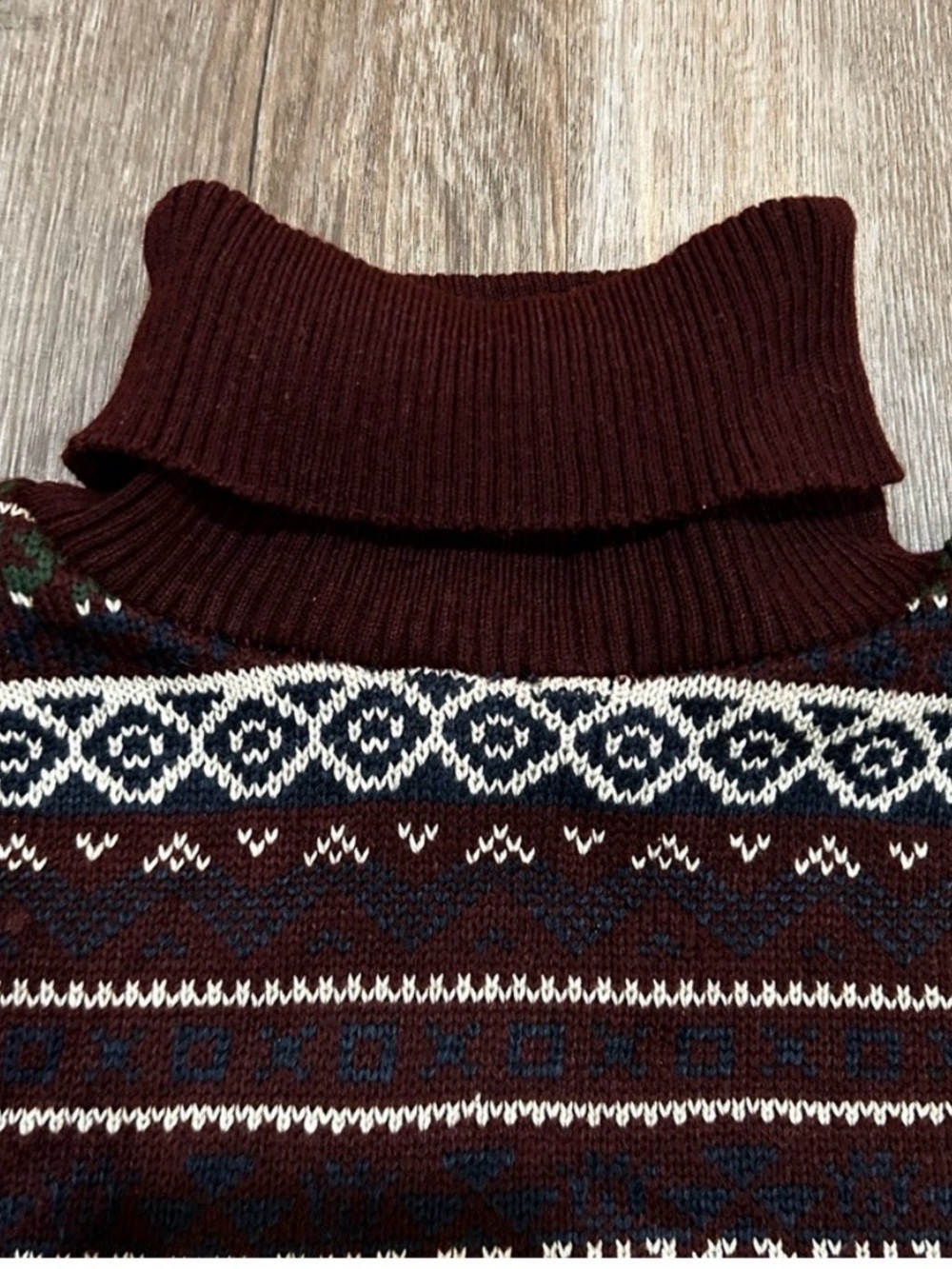 Fair Isle Turtleneck Sweater Maroon Burgundy Vintage Style Nordic Winter S/M - Picture 4 of 9